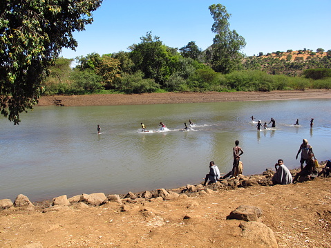 Addis Ababa, Ethiopia - 01 Jan 2012: People on Blue Nile river in Ethiopia, Africa