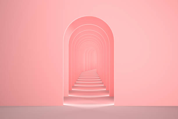 istock Pink surreal 3d interior render. Abstract arch corridor pastel pink background concept. 1939168344