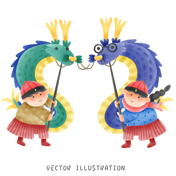 vibrant and festive: 2024 korean blue dragon year in watercolor art - happy new year 2024 stock illustrations