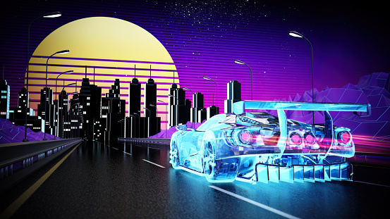Generic sports car moving on the highway against 1980's style futuristic city and retrowave sunset background.