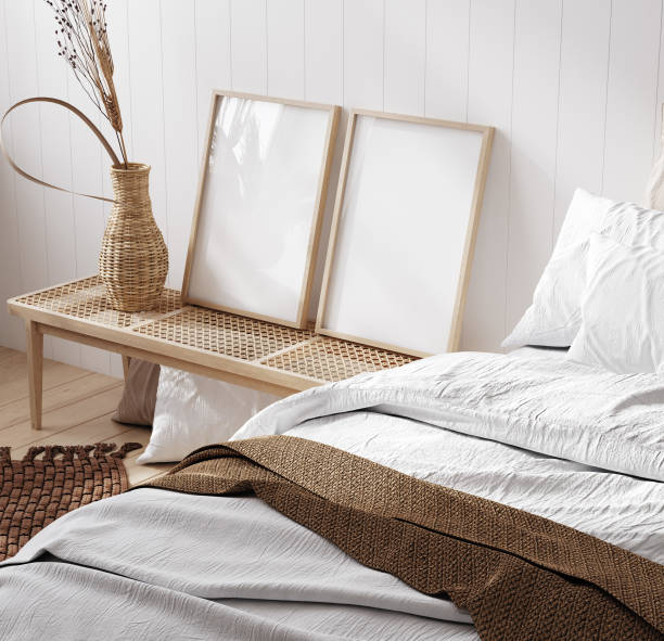 istock Mock up frame in cozy home interior background, coastal style bedroom 1939176690