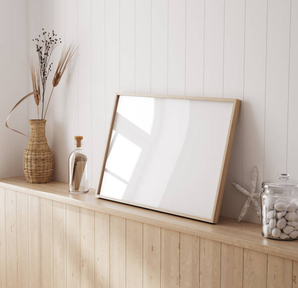 istock Mock up frame in cozy home interior background, coastal style bedroom 1939176691