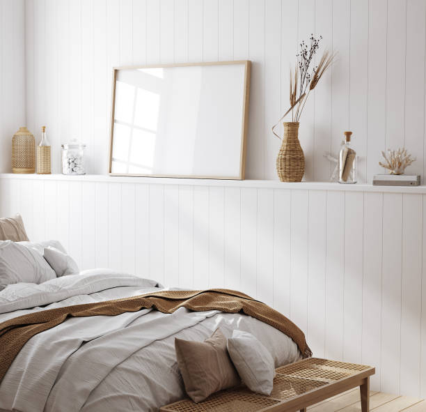 istock Mock up frame in cozy home interior background, coastal style bedroom 1939176694