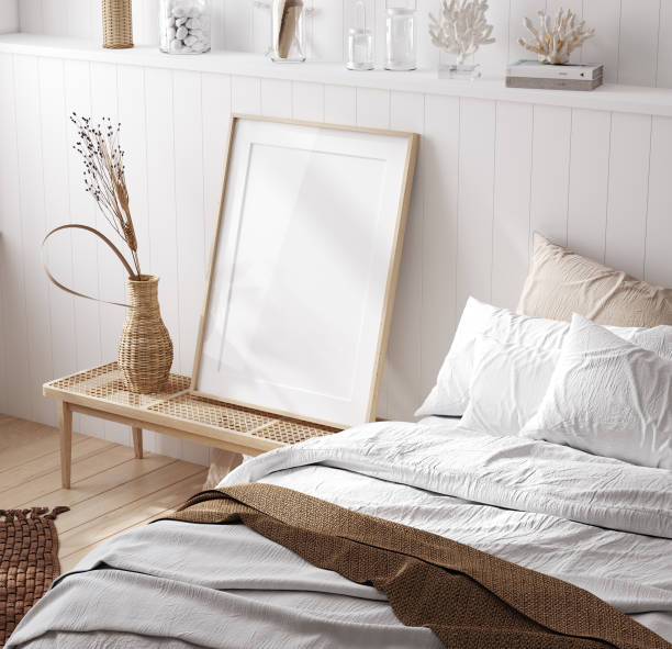 istock Mock up frame in cozy home interior background, coastal style bedroom 1939177763