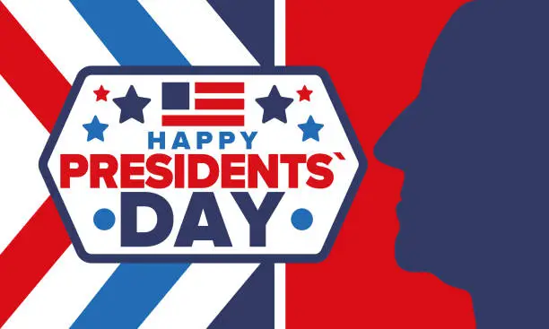 Vector illustration of Happy Presidents day in United States. Washington's Birthday. Federal holiday in America. Celebrated in February. Patriotic american elements. Poster, banner and background. Vector illustration