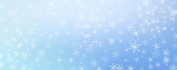 Vector illustration of Christmas snowy background. Cold white blue winter sky. Vector ice blizzard on gradient texture with flakes. Festive new year theme for season sale wallpaper.