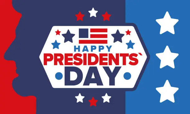 Vector illustration of Happy Presidents day in United States. Washington's Birthday. Federal holiday in America. Celebrated in February. Patriotic american elements. Poster, banner and background. Vector illustration