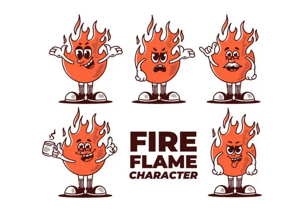 Vector illustration of Vintage style illustration of a fire flame set character in five different pose