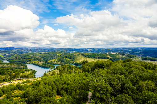 View of the Genkeltalsperre and the surrounding nature. Landscape at the reservoir near Gummersbach and Meinerzhagen.