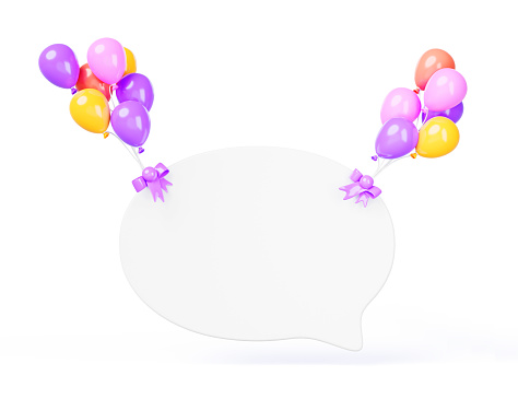 3d render speech bubble on helium balloons bundles. Festive message icon, blank white oval social greeting invitation banner frame for holiday text, birthday, wedding or party event. 3D illustration