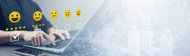 istock Customer service satisfaction concept. Hand Check marks of Positive emotion smiley face icon and five stars with copy space. Satisfied, feedback, review, good, best, good product and service, quality 1939273523