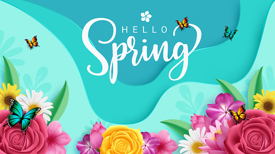 Hello spring text greeting vector design. Spring greeting card with blooming beautiful flowers and butterfly for seasonal background decoration. Vector illustration spring season greeting card.