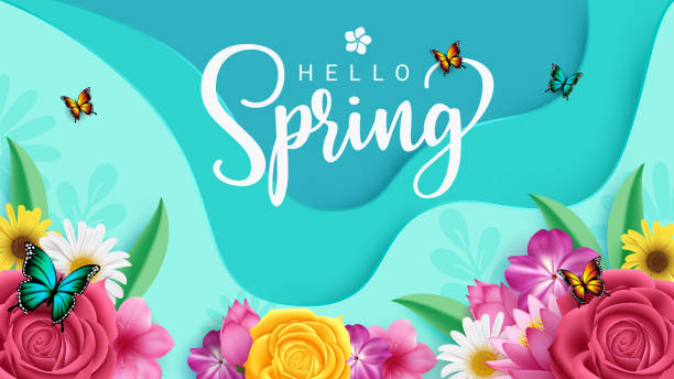 Hello spring text greeting vector design. Spring greeting card with blooming beautiful flowers and butterfly Hello spring text greeting vector design. Spring greeting card with blooming beautiful flowers and butterfly for seasonal background decoration. Vector illustration spring season greeting card. spring background stock illustrations