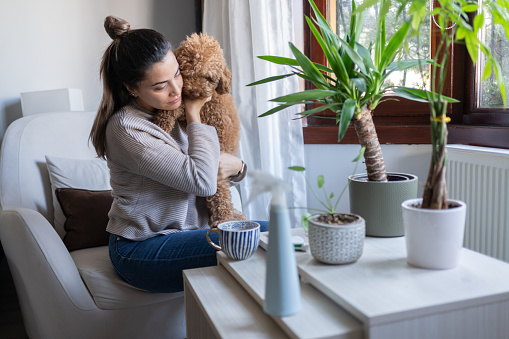 Woman And Her Dog Enjoying Together At Home
