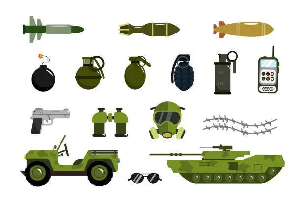 Vector illustration of Set of various types of military weapons and equipment in a cartoon style. Vector illustration of rockets, bombs, grenades, pistol, gas mask, binoculars, military vehicle, tank, isolated on white.