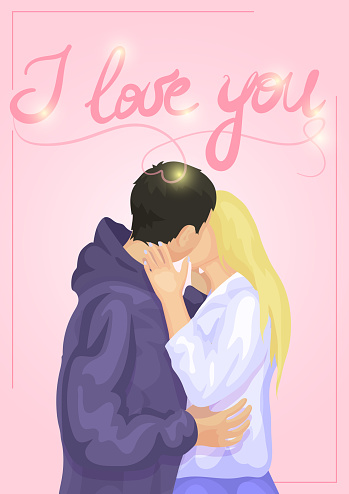Illustrations for an A4 postcard, for an anniversary, for Valentine's Day, and just to say I love you. Flat illustrations with a woman and a man kissing.