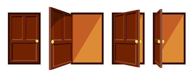 Set of different doors in cartoon style. Vector illustration of wooden closed, half-open and wide-open doors isolated on white background.