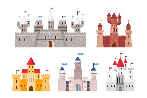 Set of different knight's castles in a cartoon style. Vector illustration of ancient stone castles with towers, gates and flags, coat of arms isolated on white background. Defensive fortresses.