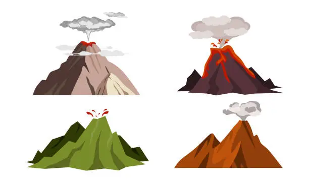 Vector illustration of Set of beautiful volcanoes in cartoon style. Vector illustration of processes of eruptions from volcanic craters of smoke, ash, magma, lava isolated on a white background.