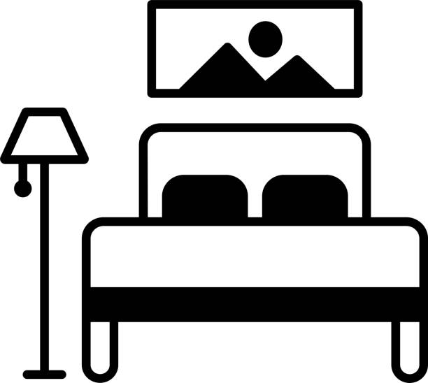 ilustrações de stock, clip art, desenhos animados e ícones de bedroom and lamp solid glyph vector illustration - hotel room bed silhouette lamp