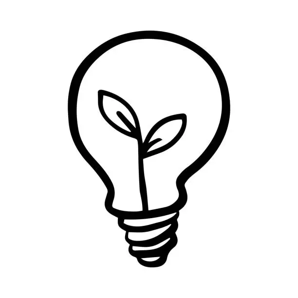 Vector illustration of Vector ecology energy hand drawn vector icon. outline doodle icon of a light bulb with plant