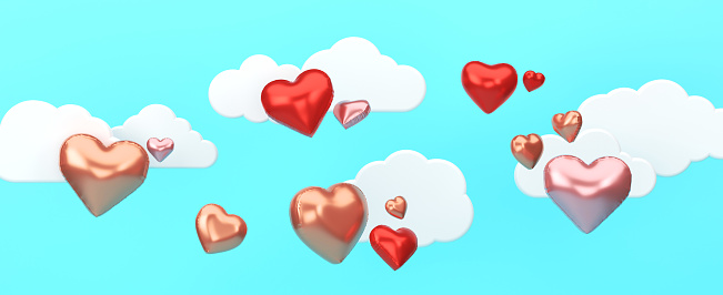 Heart Shaped Balloons On The Sky. Valentines Day Background