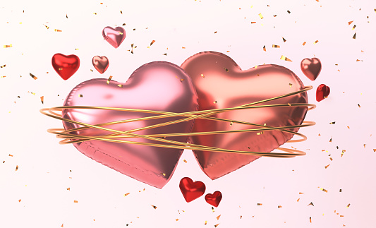 Hearts And Valentines Day Background With Confetti. Love Concept.