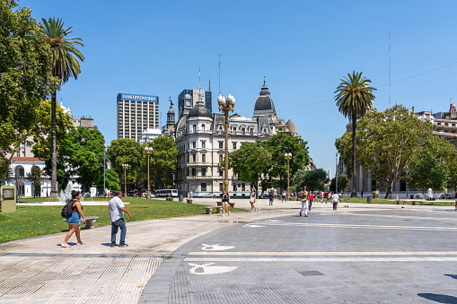 View of Plaza de Mayo, Buenos Aires,  Argentina - January 17, 2023. The Plaza de Mayo is a city square and the main foundational site of Buenos Aires, Argentina.