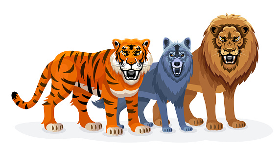 Lion, wolf, and tiger poised for battle, standing in a formidable combat position.