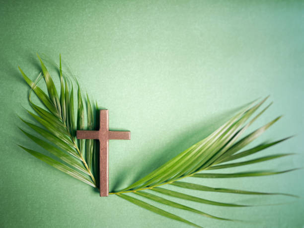 Celebration - Lent Lent Season,Holy Week and Palm Sunday concepts - closed up wooden cross with palm leaf in green background. Stock photo. palm sunday stock pictures, royalty-free photos & images