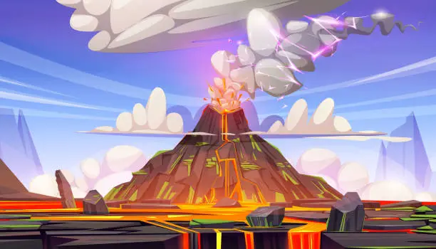 Vector illustration of Volcanic lava eruption cartoon vector background