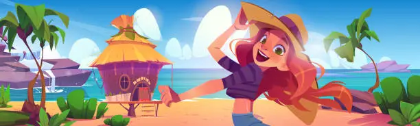 Vector illustration of Happy girl smiling on summer beach with bungalow