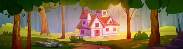 Vector illustration of House on sunny glade in magic forest