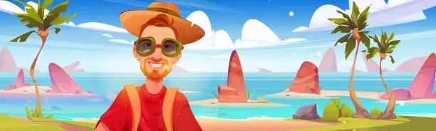 Vector illustration of Young man selfie on summer beach