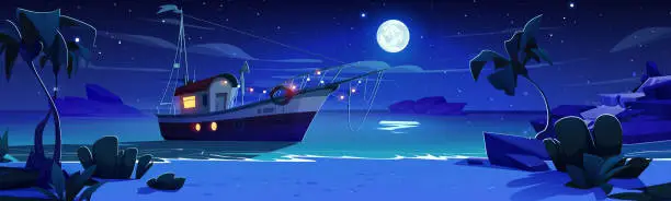 Vector illustration of Fishing boat floating in night sea