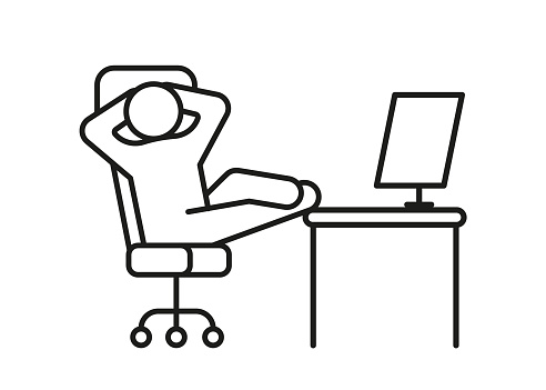 Person relax on work chair on computer, line icon. Man rest on workplace, calm on chair. Lazy tired person, break time. Vector illustration