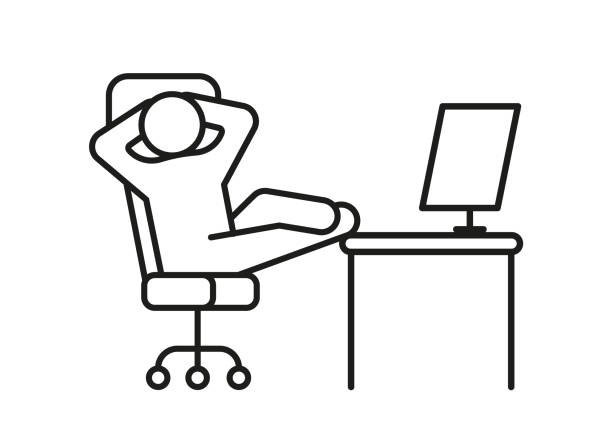 Person relax on work chair on computer, line icon. Man rest on workplace, calm on chair. Lazy tired person, break time. Vector Person relax on work chair on computer, line icon. Man rest on workplace, calm on chair. Lazy tired person, break time. Vector illustration carefree stock illustrations