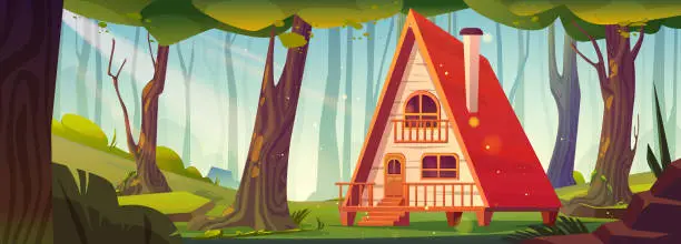 Vector illustration of Cozy wooden house in summer forest