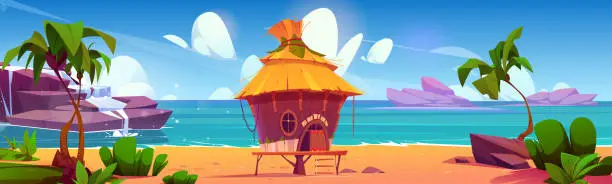 Vector illustration of Hut on island beach tropical cartoon illustration