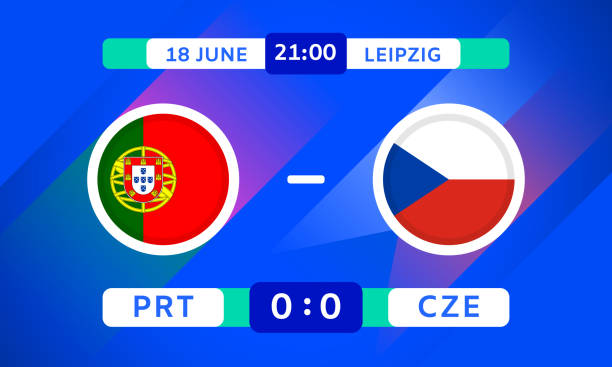 Portugal vs Czech Match Design Element. Flags Icons with transparency isolated on blue background. Football Championship Competition Infographics. Game Score Template. Vector illustration vector art illustration