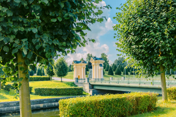 konstantinovsky palace. state complex national congress palace. view of landscaped park and garden and palace complex, strelna, st. petersburg, russia - museum complex the americas north america usa - fotografias e filmes do acervo