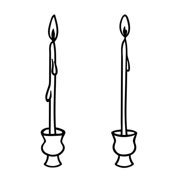 Vector illustration of Thin church candle in holder black outline clipart