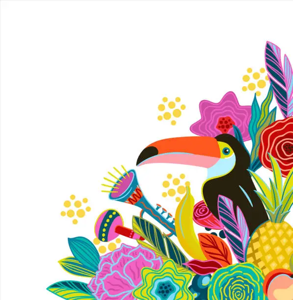 Vector illustration of Isolated corner illustration with flowers and toucan. Brazil carnival. Vector design for carnival concept and other