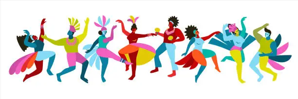 Vector illustration of Vector isolated abstract illustrations of funny dancing men and women in bright costumes. Brazil carnival. Design elements for carnival concept and other