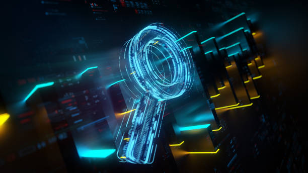 digital search icon on future tech background. search engine evolution. futuristic search icon and abstract chart in world of technological progress and innovation. cgi 3d render - spionage en toezicht stockfoto's en -beelden