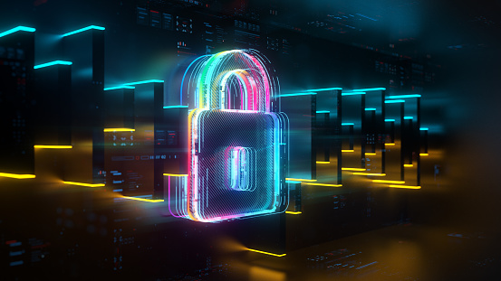 Digital lock on future tech background. Security and safety Evolution. Futuristic lock and digital chart in world of technological progress and innovation. CGI 3D render