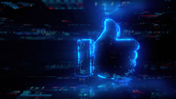 istock Digital like icon hologram on future tech background. Productivity and rating evolution. Futuristic thumbs up icon in world of technological progress and innovation. CGI 3D render 1939455400