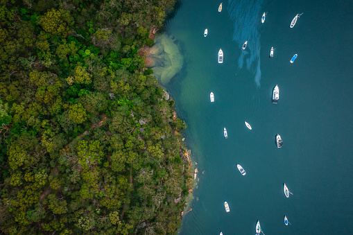 Panoramic drone aerial view over suburbs of Northern Beaches Sydney NSW Australia