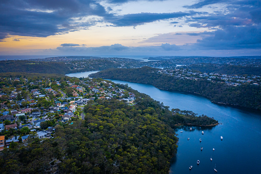 Panoramic drone aerial view over suburbs of Northern Beaches Sydney NSW Australia