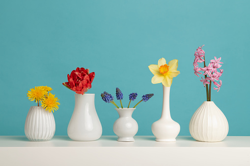 Row with white vases with spring flowers with a blue background